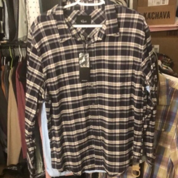 Rails “Reid” Plaid Stretch Navy Lentil Cream Cotton Button Down Shirt - Picture 1 of 9
